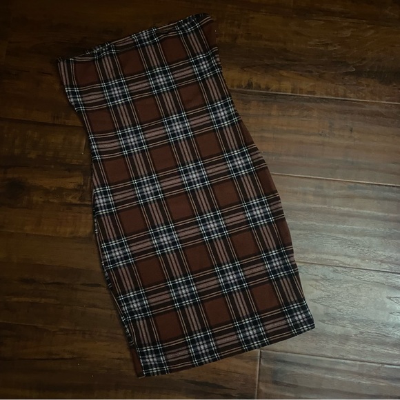 Like New Brown Plaid Country Festival Bodycon Strapless Dress XS - Picture 4 of 5